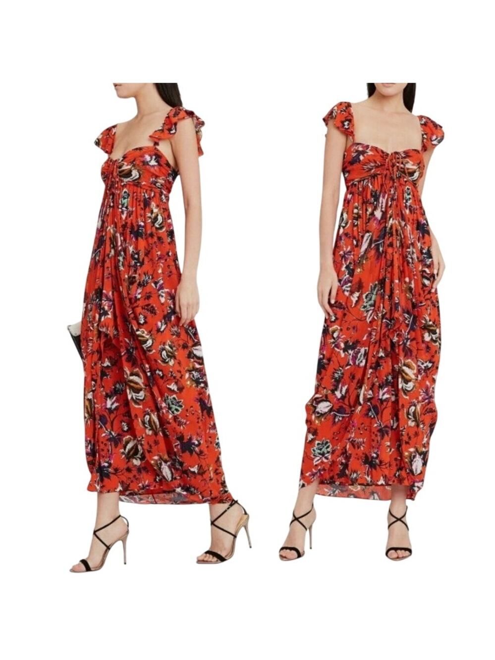 Diane Von Furstenberg Celestia Maxi Dress Orange Floral Sz M Ruched Mesh DVF